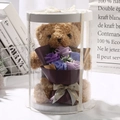 Brown teddy bear with purple and blue soap roses in a cylindrical gift box - Light Coffee Bear + Purple Bouquet + Round Gift Box