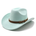 Détail d'un chapeau de cowboy en daim bleu menthe avec ruban brun et boucle en métal - M(56-59CM) / Vert Clair (Suède)