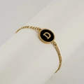18K gold-plated stainless steel Figaro bracelet with black oval letter D charm - Letter D / Gold/Black