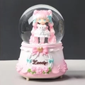 Pink musical crystal ball with girl figurine and rose-decorated base featuring Lovely text - 001 Pink Base / Large 100 Snow+Light+Music