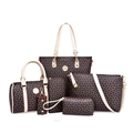 6-piece brown patterned women handbag set with tote, crossbody bag and wallet on white background - Dark Brown