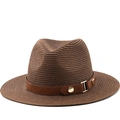 Summer brown straw Panama hat with leather belt and golden metal rivets for sun protection - Coffee (Black Belt)