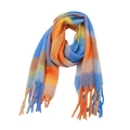 Detail view of thick bouclé yarn scarf featuring blue and orange plaid pattern with fringe - Yellow Blue