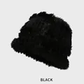 Fuzzy black rabbit fur knit bucket hat for women with warm plush winter texture - M (54-58cm) / Black