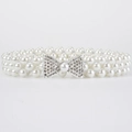 Elegant triple-row pearl waist belt featuring a sparkling rhinestone bow buckle with center pearl - Gold Rhinestone Bow Buckle