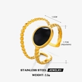 Vintage 18K vergulde roestvrijstalen ring met zwarte ovale steen en getextureerde band - Verstelbaar Open / Goud-Zwarte Emaille