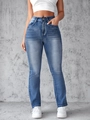 Jeans in denim blu a vita alta con gamba dritta e lavaggio vintage per donne alla moda - L / Blu Lavato