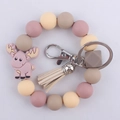 Pink and beige silicone bead keychain bracelet with cartoon elk charm and tassel detail - Moose Taupe