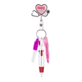 Nurse retractable badge reel set with multi-color ballpoint pen and mini highlighters - Pink Heart Stethoscope