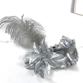 Silver vintage party mask featuring gray ostrich feathers and sparkling rhinestones - Silver