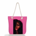 Pink canvas tote bag with rope handles and artistic portrait print of a woman with love lollipop - Pink Woman With Heart Lollipop
