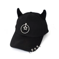 Detail view of black punk baseball cap with metal rings, star charms and devil horns - Five-pointed Star Black