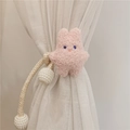 Pink plush bunny curtain tieback with beige woven rope and white pearl bead accents - Light Corn Rope Pink Rabbit