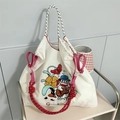 White nylon drawstring tote bag with colorful rabbit embroidery and woven handle - White Art Rabbit (Without Shoulder Strap)