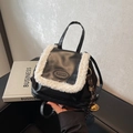 Mini black leather backpack with white faux fur trim and gold bell charm detail - With Pendant / Black