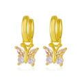 Gold butterfly drop earrings with clear cubic zirconia on 18K gold plated hoops - Butterfly Pendant Gold Hoop Earrings (蝴蝶耳扣金14KK-325)