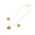 Set aus goldener Halskette und Ohrringen mit Türkis-Blumenanhängern und Kristallen - Blume Türkis Stil (3#)