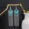 Bohemian silver earrings with turquoise beads and long chain tassels on a branch - Long Tassel Color Bead Green Style (E6141-1)