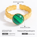 Adjustable 18k gold plated stainless steel ring featuring a green natural stone inlay - Malachite Color Round Style (JZ21071D)