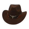 Close-up of brown cowboy hat featuring a leather band and silver bull head metal ornament - Coffee (With Bull Head)