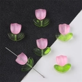 Rosafarbene und grüne Glasperlen in Tulpenform für DIY-Schmucksets mit Blütenblättern - 10 Sets/Packung / Irisierendes Rosa