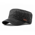 Vintage washed cotton flat top military cap in charcoal grey with leather logo patch - Adjustable / Black