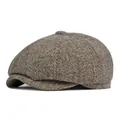 Classic brown herringbone newsboy hat with ear protection for winter warmth - L (56-57cm) / Coffee