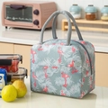 Grey insulated lunch bag with pink flamingo print and sturdy round handles for picnic - Blue Flamingo M22