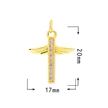 Detailed dimension view of gold cross wing pendant with zircons measuring 20mm by 17mm - Style 7