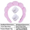 Pink sponge padded headband and white plush wristbands set for skincare routine - Headband + 1 Pair Wristbands Set / Bright Purple