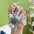 Transparent mini Tetris handheld game console keychain with white heart chain and bell - White