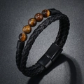 Men's double-layer black braided leather bracelet with tiger eye stones and magnetic clasp - Tiger's Eye