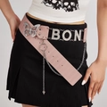 Pink faux leather belt with crocodile pattern, IBON metal letters and Y2K chain - 100cm / Pink Crocodile Pattern IBON Letters Rhinestone Butterfly Style (K0247C)
