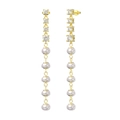 Elegant gold-plated S925 silver drop earrings with white pearls and sparkling zircons - GPE60-14K Zirconia Five-Pearl Tassel Earrings / Gold