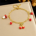 Gold plated chain bracelet with red enamel cherry strawberry and mushroom charms - Red Fruit and Mushroom Charms Style (B1757)