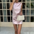 Elegant pink satin sleeveless mini dress featuring a decorative bow neckline for women - S / Pink