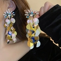 Elegant long fringe earrings with colorful metallic discs and sparkling rhinestones - Iridescent Sequin