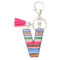 Rainbow striped and leopard print letter V keychain with pink suede tassel and silver clasp - Letter V