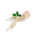 Elegant gold metal hair claw clip featuring a pink gradient rose flower and green leaves - Rose Shape / Pink Rose