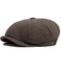 Mens vintage dark brown herringbone newsboy cap in textured wool blend tweed fabric - Khaki