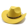 Close-up of yellow felt cowboy hat with ethnic woven band and retro gear accessories - M (56-58cm) / Yellow