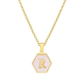 Gold hexagon necklace with pink shell inlay and golden letter R pendant detail - Pink Shell R