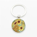 Round silver-tone keychain featuring Van Gogh's Sunflowers art under a glass dome - Silver-Sunflowers E