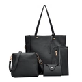 Macro shot of a 4-piece black litchi leather handbag set with gold hardware on white background - 4-Piece Set (Including Tassel Pendant) / Black
