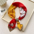 Red and yellow floral satin silk square scarf with elegant hand-rolled edges - Flower Branch Umbrella