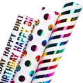 Three-roll rainbow gift wrap set with birthday text, colorful polka dots, and stripes - Birthday Dots And Stripes Style Set
