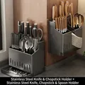 Stainless steel kitchen organizer set in dark gray for cutlery, knives, and utensils - Gun Grey Large Combination (2-Slot Knife Holder + 3-Slot Knife and Spoon Holder)