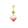 Détail d'un piercing de nombril doré avec pendentif en forme de cœur émaillé rose - Cœur Émail Rose Blanc Doré