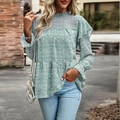 Light green blouse with white leopard print, ruffle details and chic stand collar style - S / Light Green