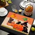 Linen placemat featuring vintage Halloween witch, black cats, and pumpkin print motifs - Style 6